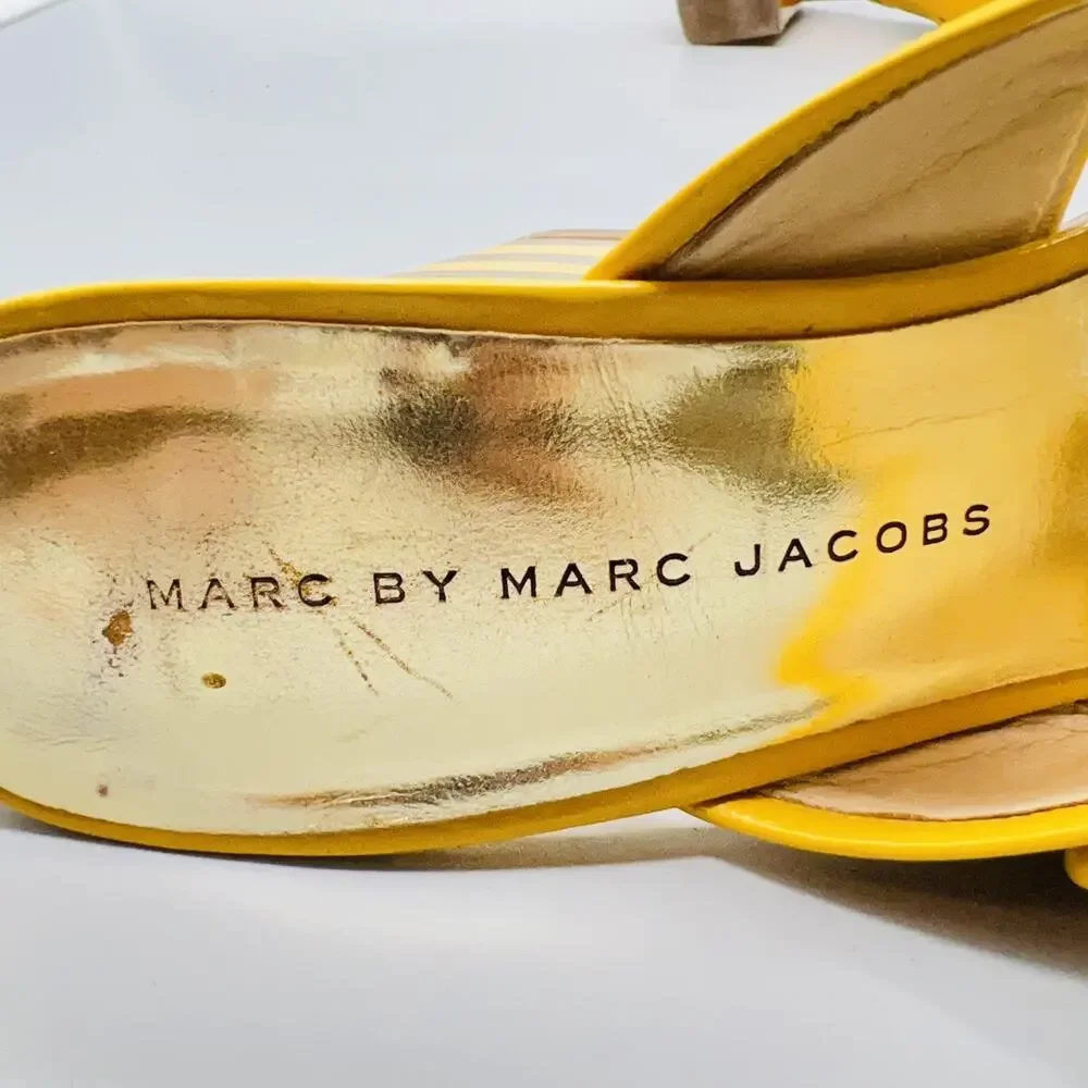 Marc By Marc Jacobs Sandals Womens 7.5 Yellow Patent Leather Slide Striped Heel